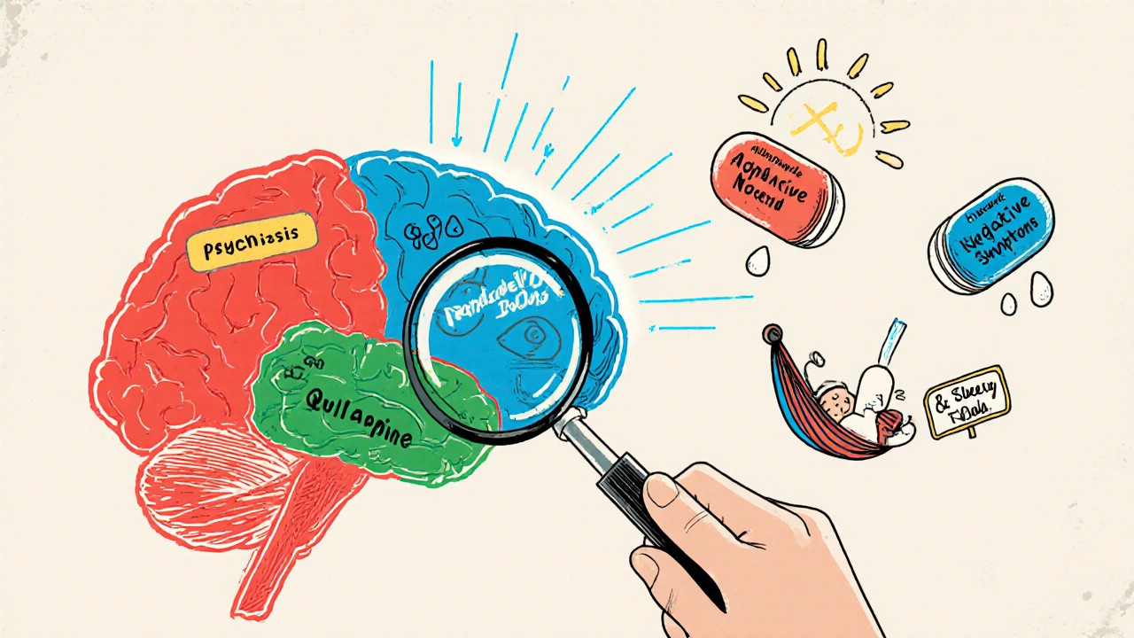 A brain map with antipsychotics targeting different symptoms, drawn in vintage cartoon style.