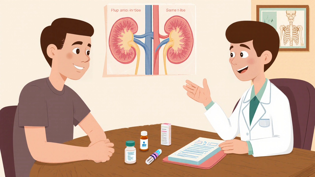 Cartoon doctor and patient reviewing pill, injection, and thin‑film strip treatment options.