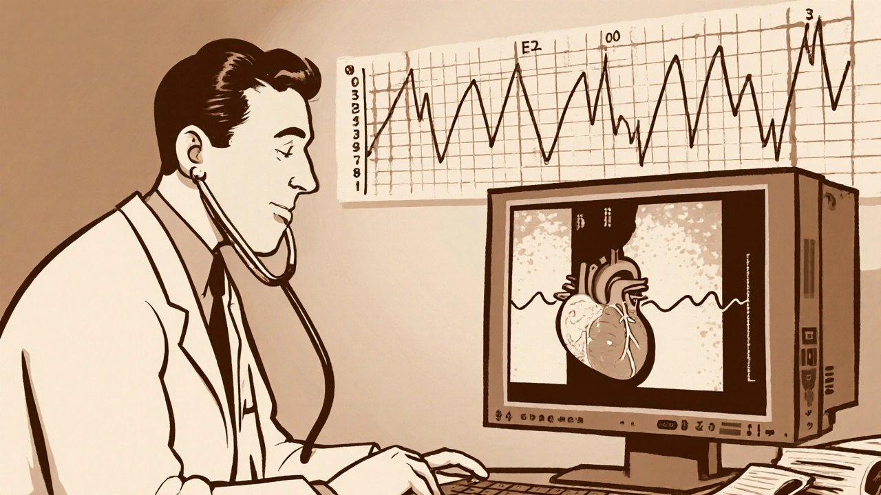 Cartoon doctor examining a patient with stethoscope, ECG, and echo images in the background.