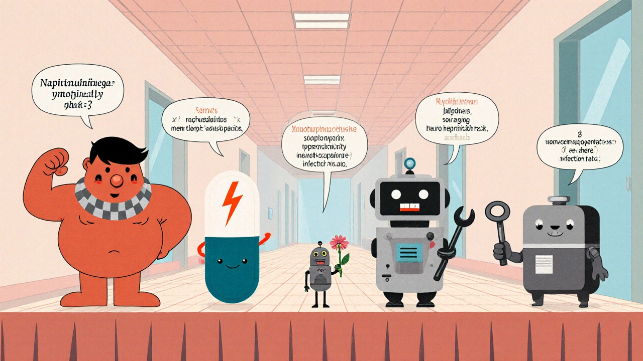 Cartoon drug characters showing side‑effects on a stage.