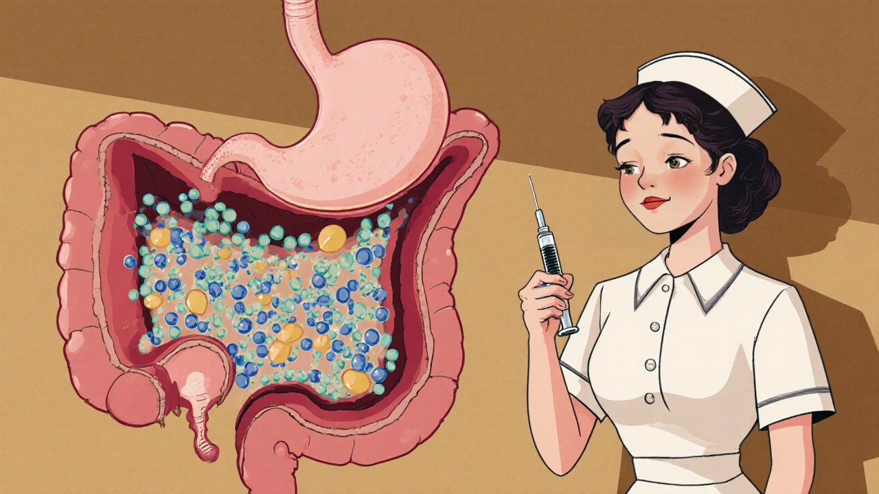Cartoon view of lipid nanoparticles traveling through gut and a nurse preparing an injectable depot.