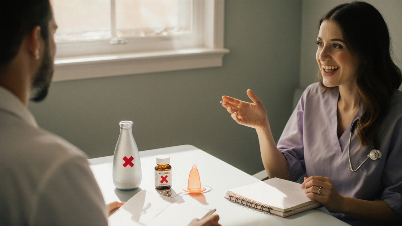 Clinic scene with doctor, copper IUD, marked diaphragm, and probiotic bottle on table.