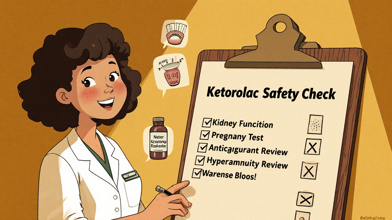 Clinician checking safety checklist with icons for kidney test, pregnancy test, anticoagulants, and alternative meds.