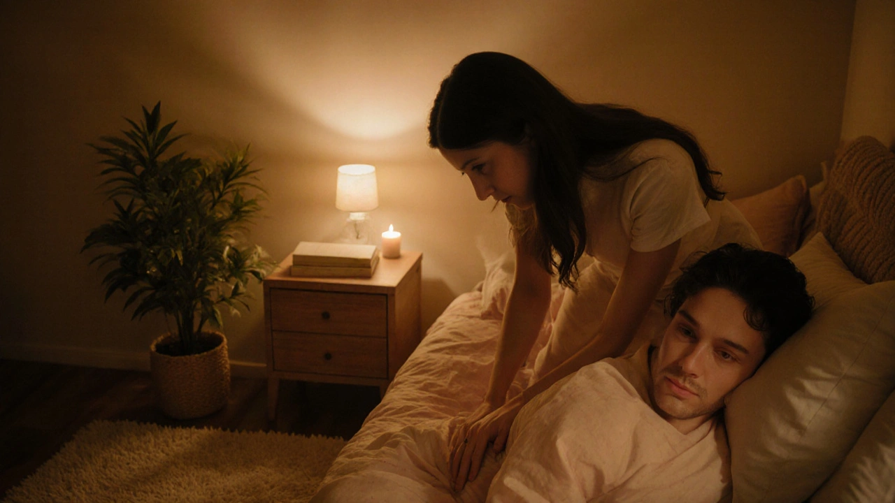 Couple sharing a gentle back massage in candlelit bedroom, warm intimate setting.