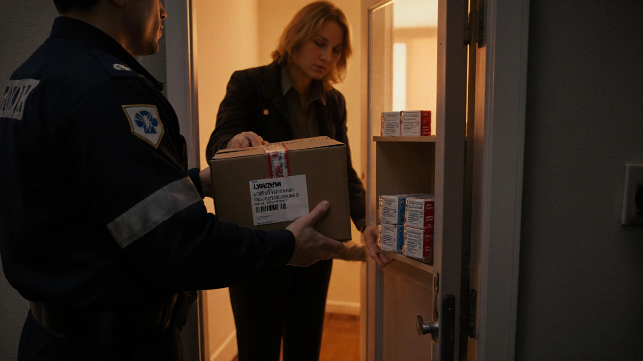 Courier delivering a sealed parcel; tablets stored safely in a kitchen cabinet.