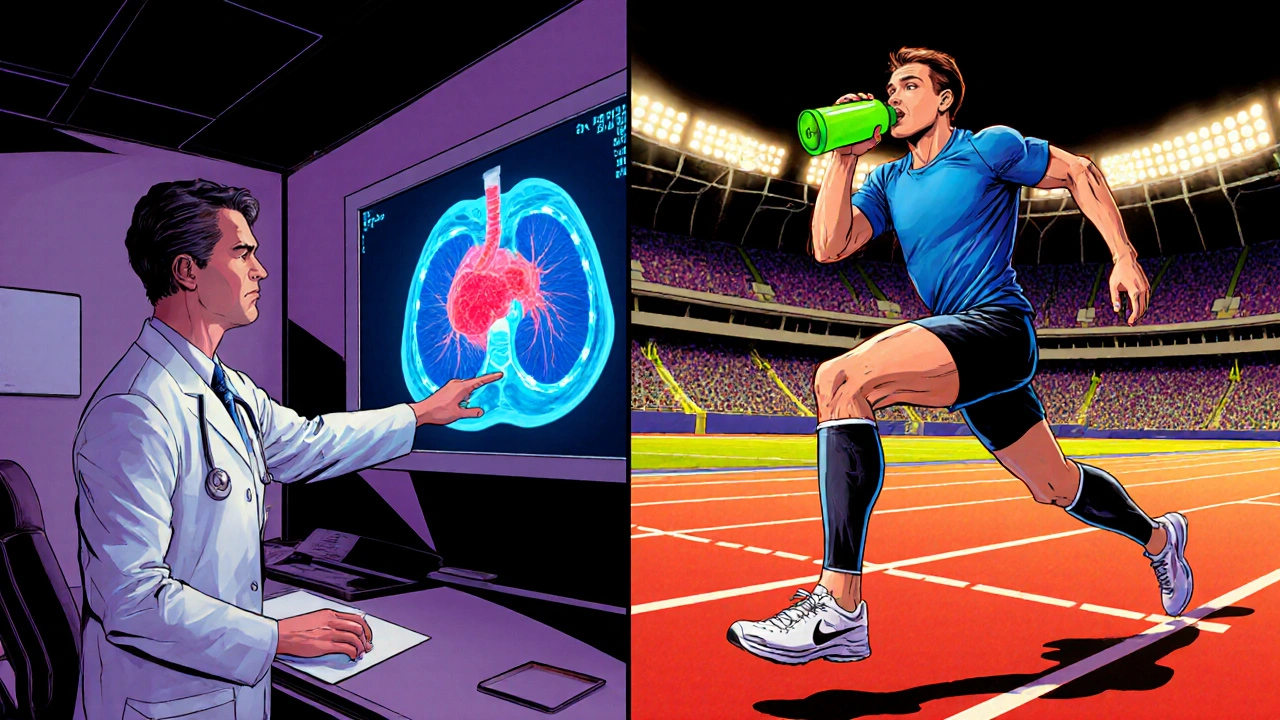 Doctor pointing at a CT scan of a lung clot, next to athlete drinking electrolyte fluid and stretching on a track.