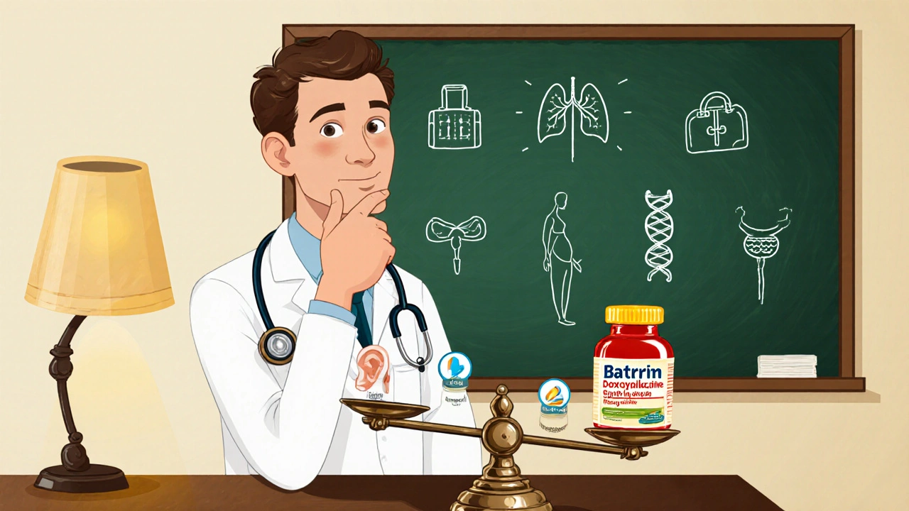 Doctor weighing Bactrim against alternative drug icons on a vintage scale with medical background sketches.