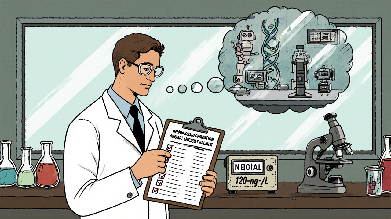 Doctor with checklist and lab equipment monitoring Neoral levels.
