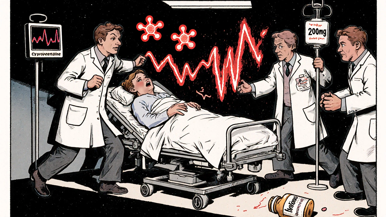 Emergency room staff treating overdose patient with spiking ECG monitor in vintage cartoon style.