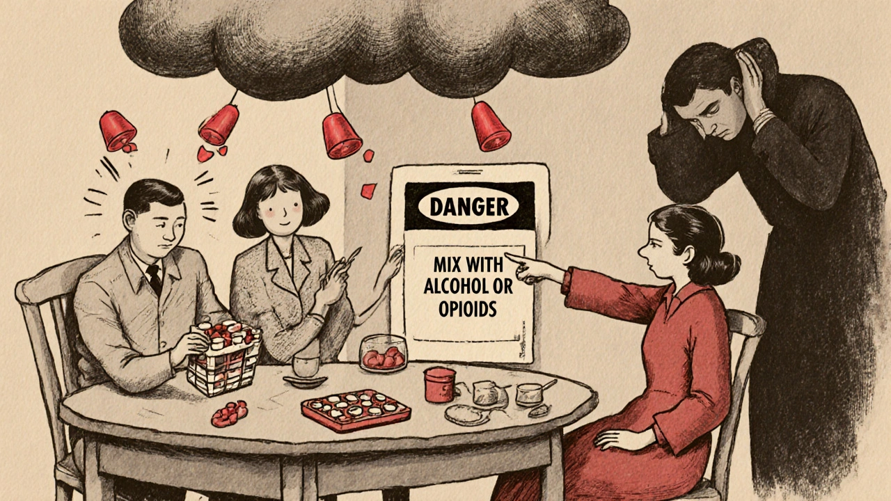 Family at kitchen table with pill organizer and warning chart in vintage cartoon style.