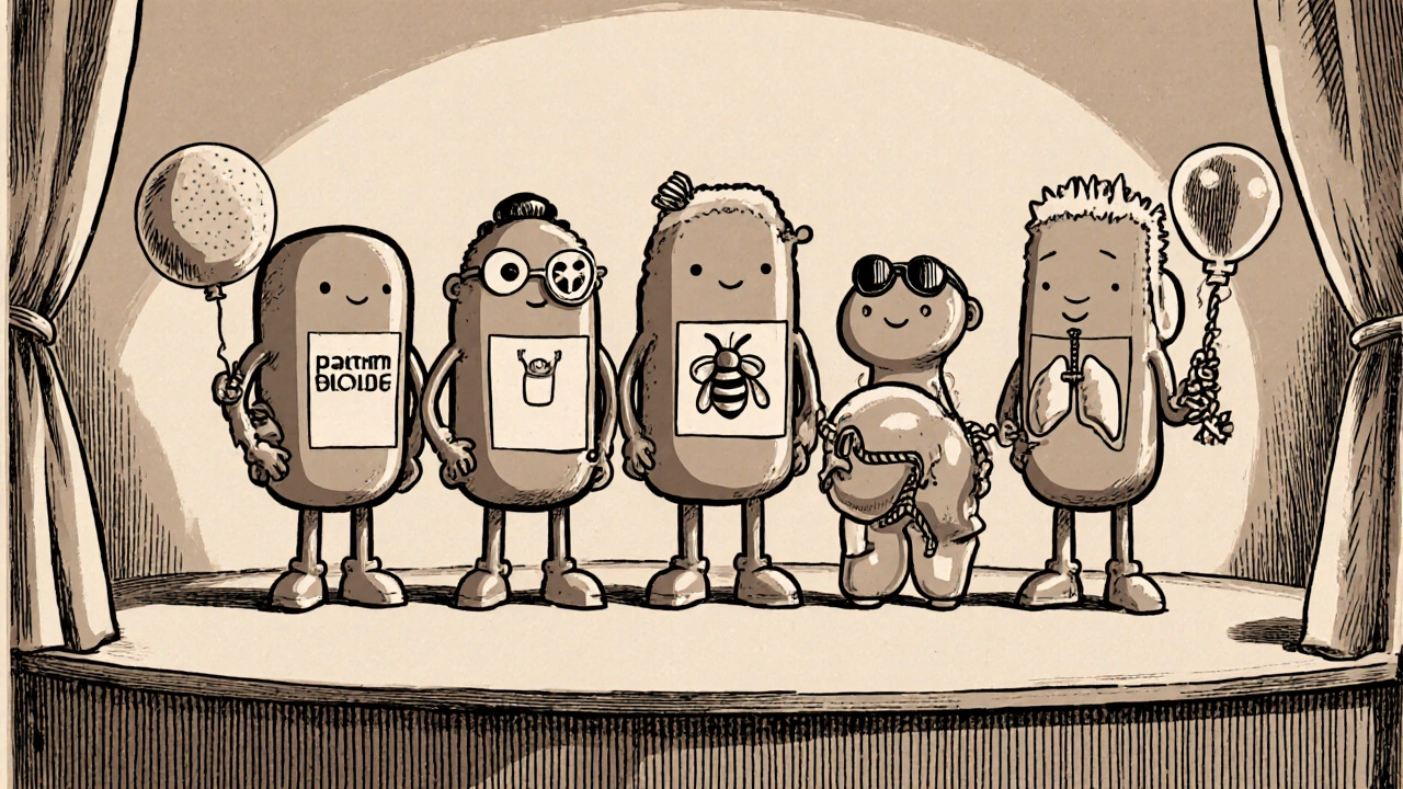 Five cartoon antibiotic characters each showing a visual cue of their common side effect.