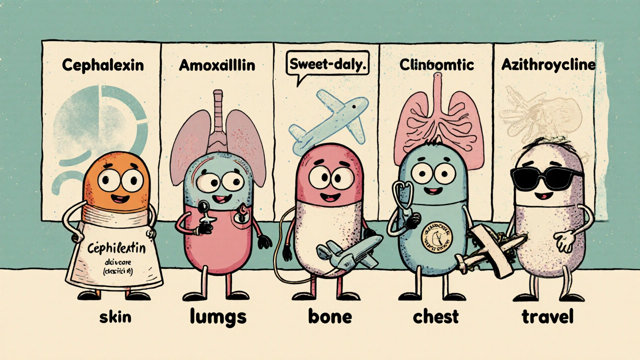 Five cartoon pill characters representing Cephalexin and four alternatives with their infection sites.