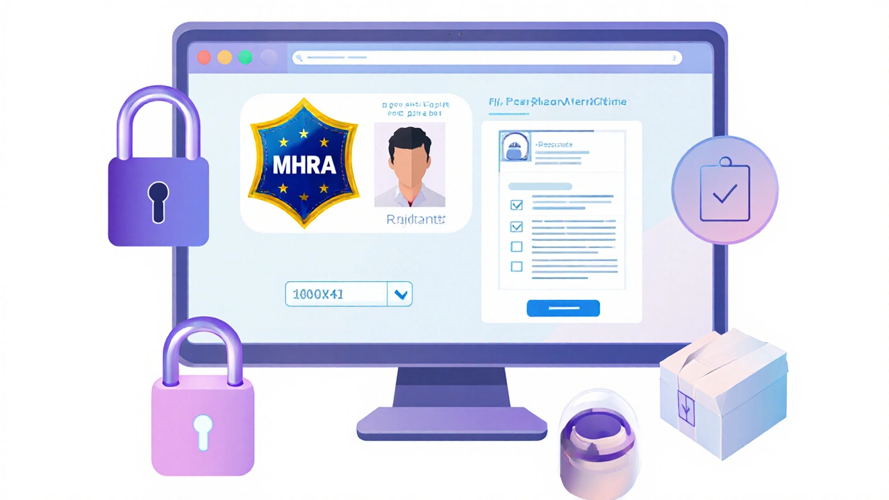 Flat illustration showing online pharmacy verification symbols and a prescription icon.