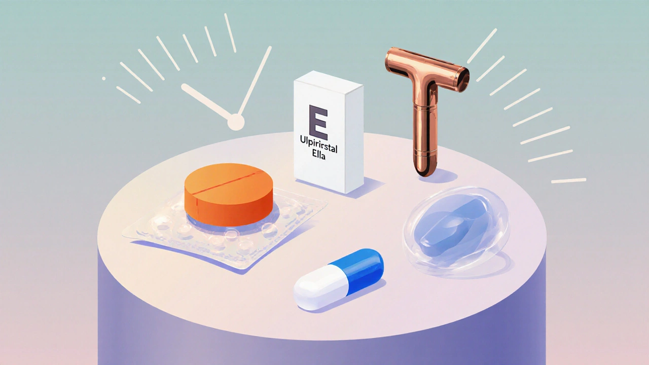 Four emergency‑contraception options displayed: a levonorgestrel pill, an Ella pill box, a copper IUD, and combined oral contraceptive pills.
