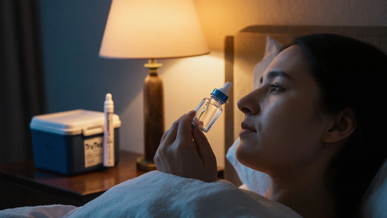 Hand applying Cyclomune drop at night with a TrueTear tube visible on the bedside table.
