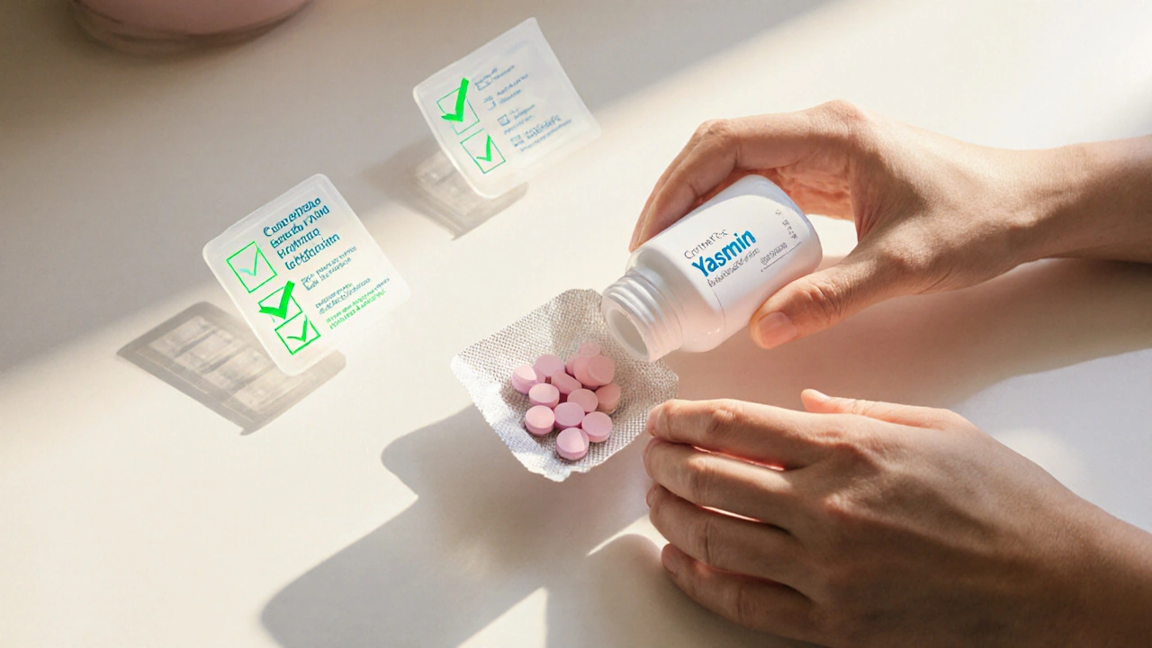 Hand holding delivered parcel with pill bottle and floating checklist indicating safe purchase.