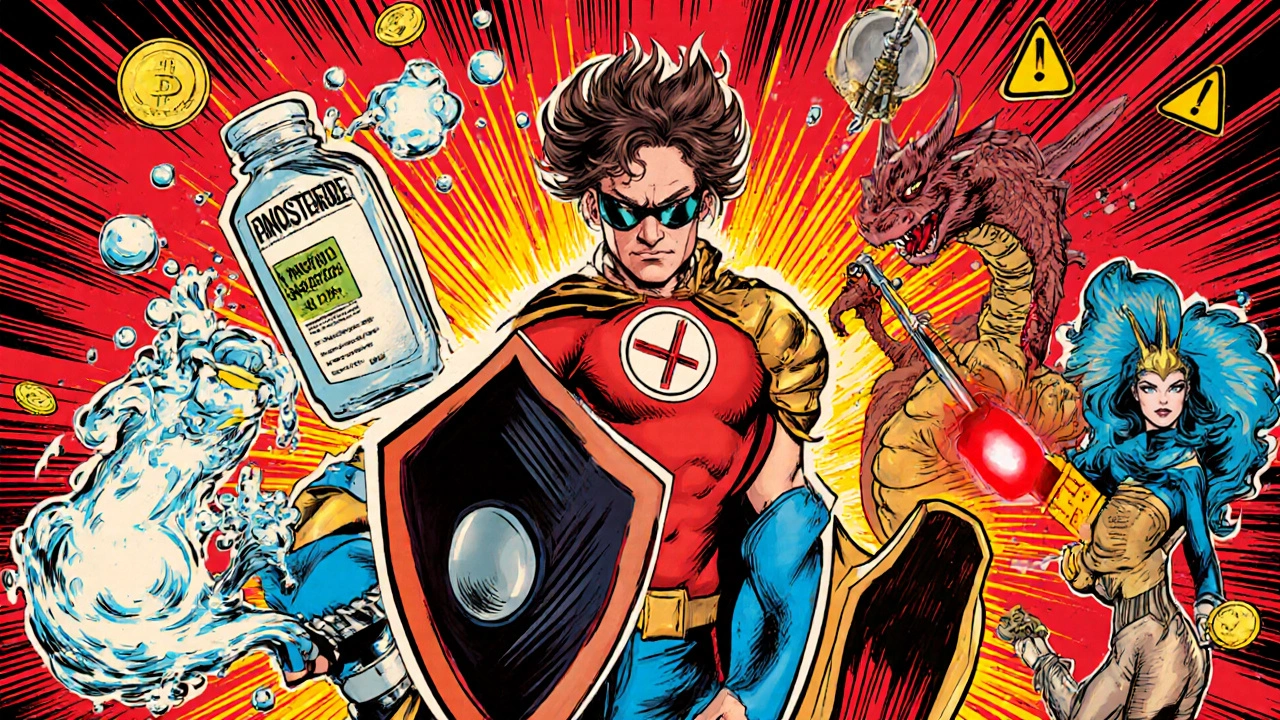 Heroic characters representing hair loss treatments battling, with shield, spray bottle, dragon, laser.
