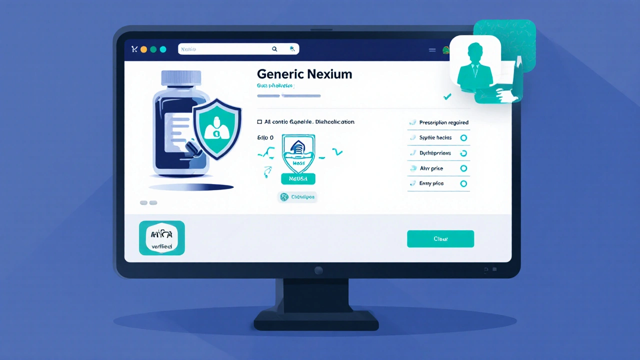 Illustrated computer screen showing medication page with MHRA badge, pharmacist icon, and checklist.