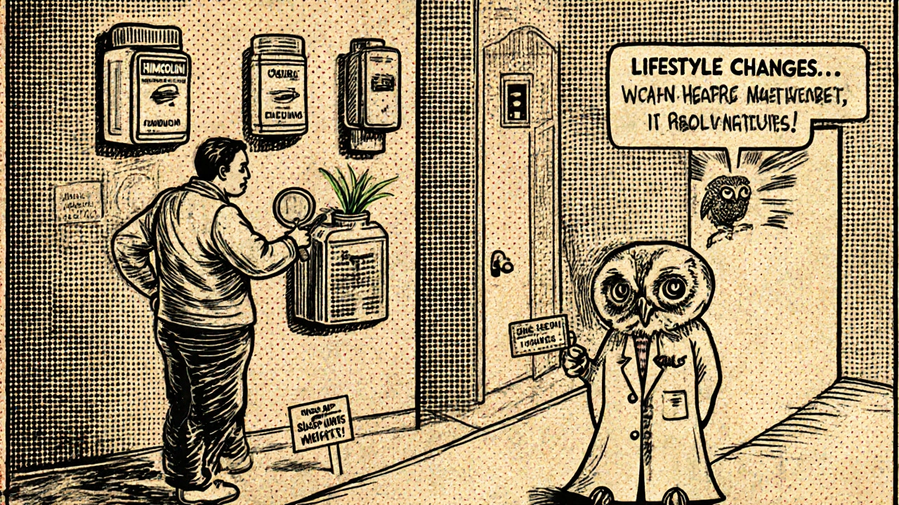 Man choosing ED treatments; wise owl guides him to lifestyle changes as a path to real results.