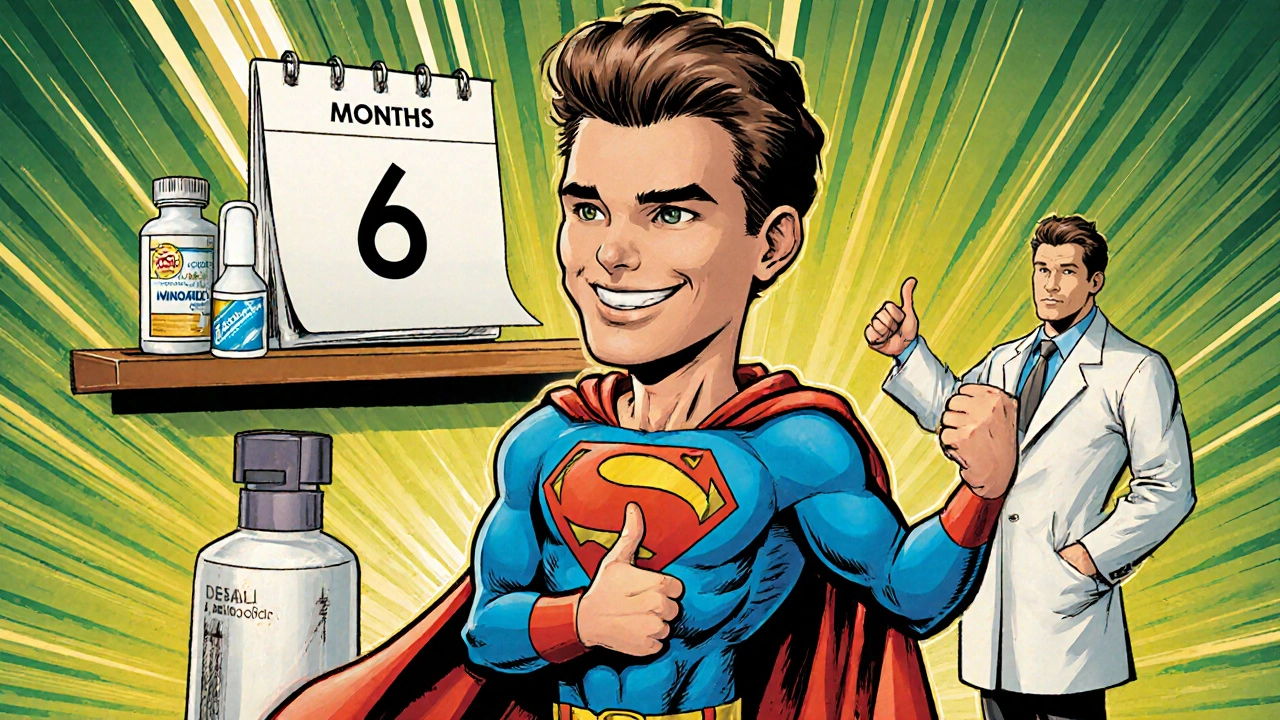 Man with fuller hair celebrating with hero and doctor, calendar showing six months, upbeat comic scene.