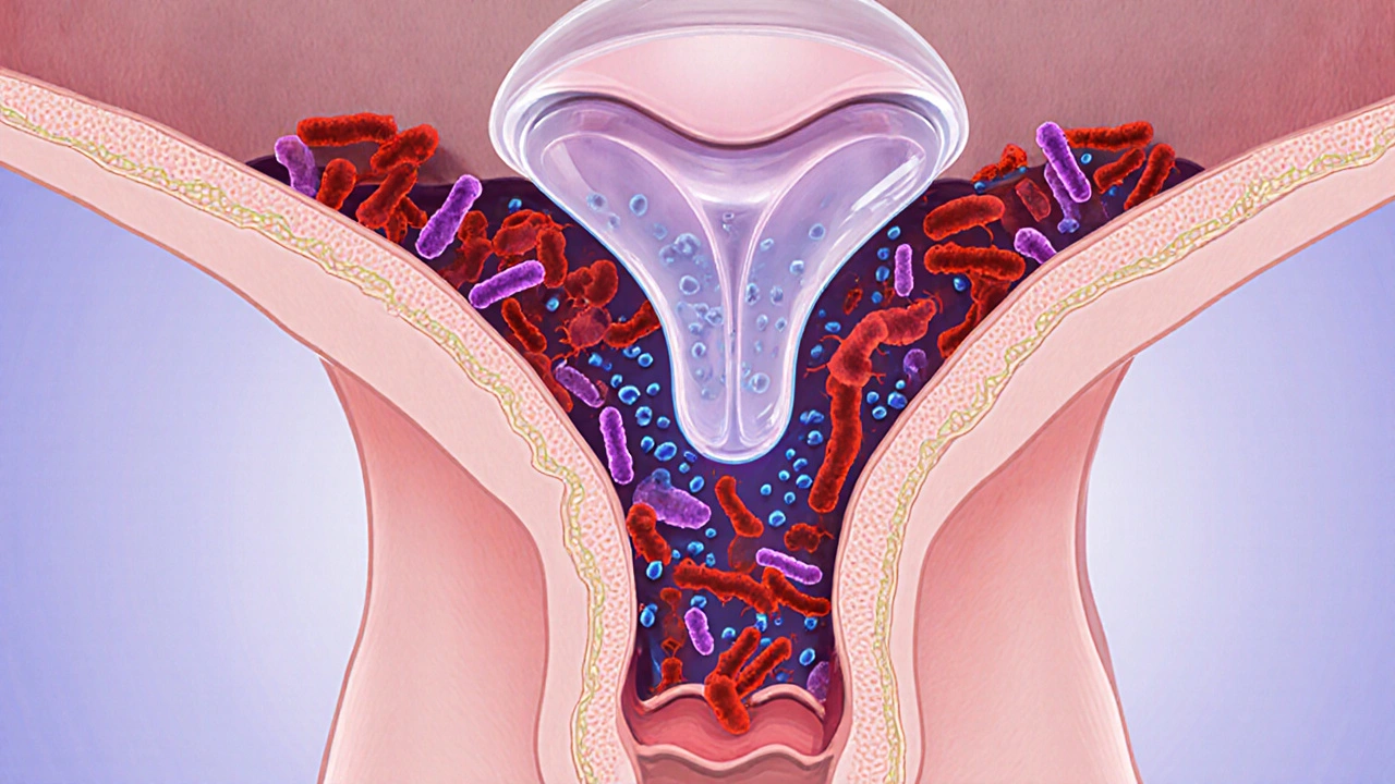 Medical cross‑section showing diaphragm, moisture droplets, and bacteria/yeast cells.