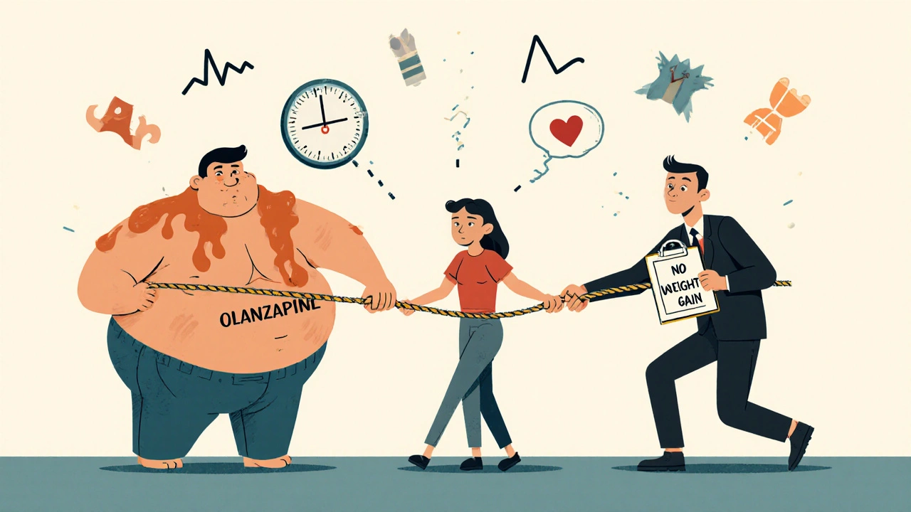 Olanzapine and amisulpride in a tug-of-war over patient weight, illustrated in vintage cartoon style.