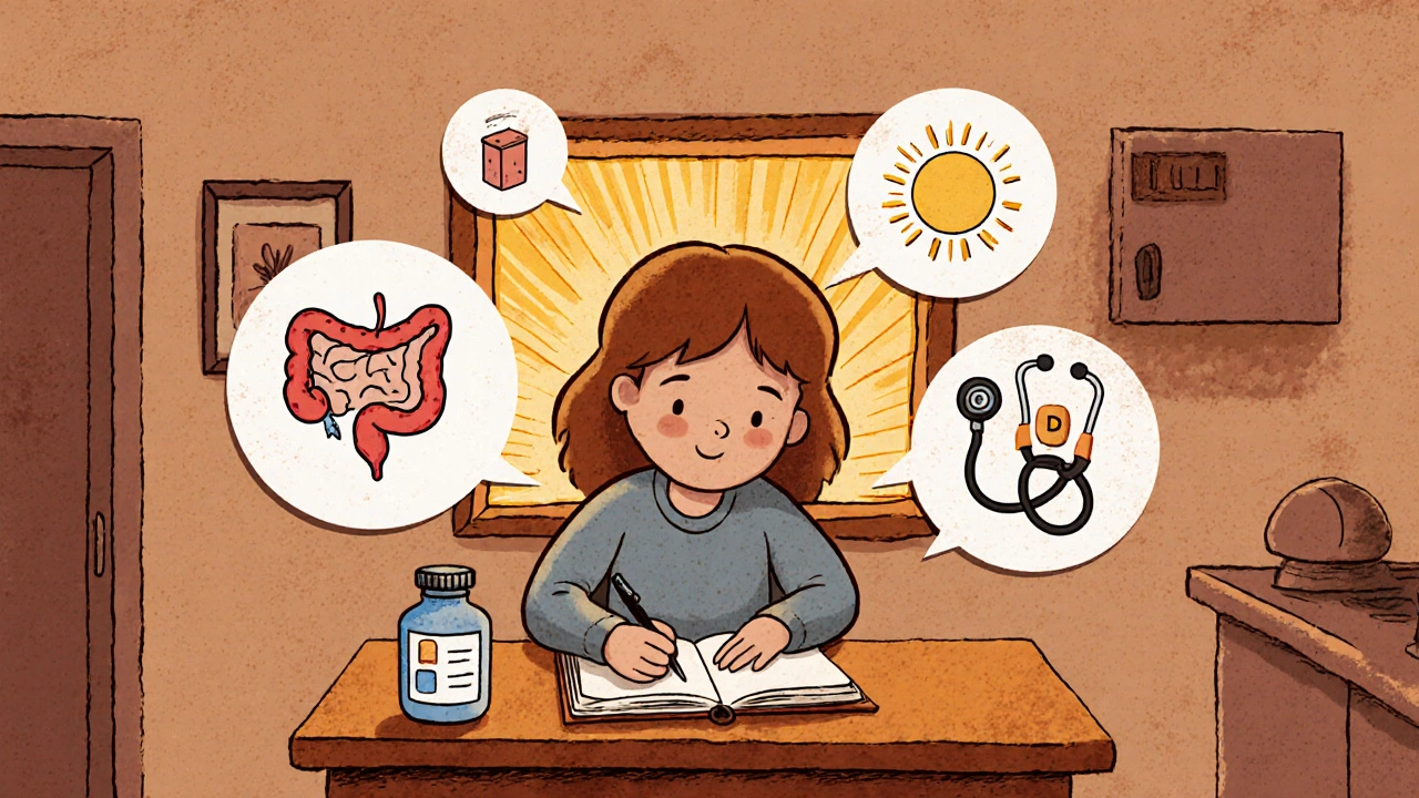 Patient writing a symptom diary surrounded by medicine, dermatologist tools, and sunlight.