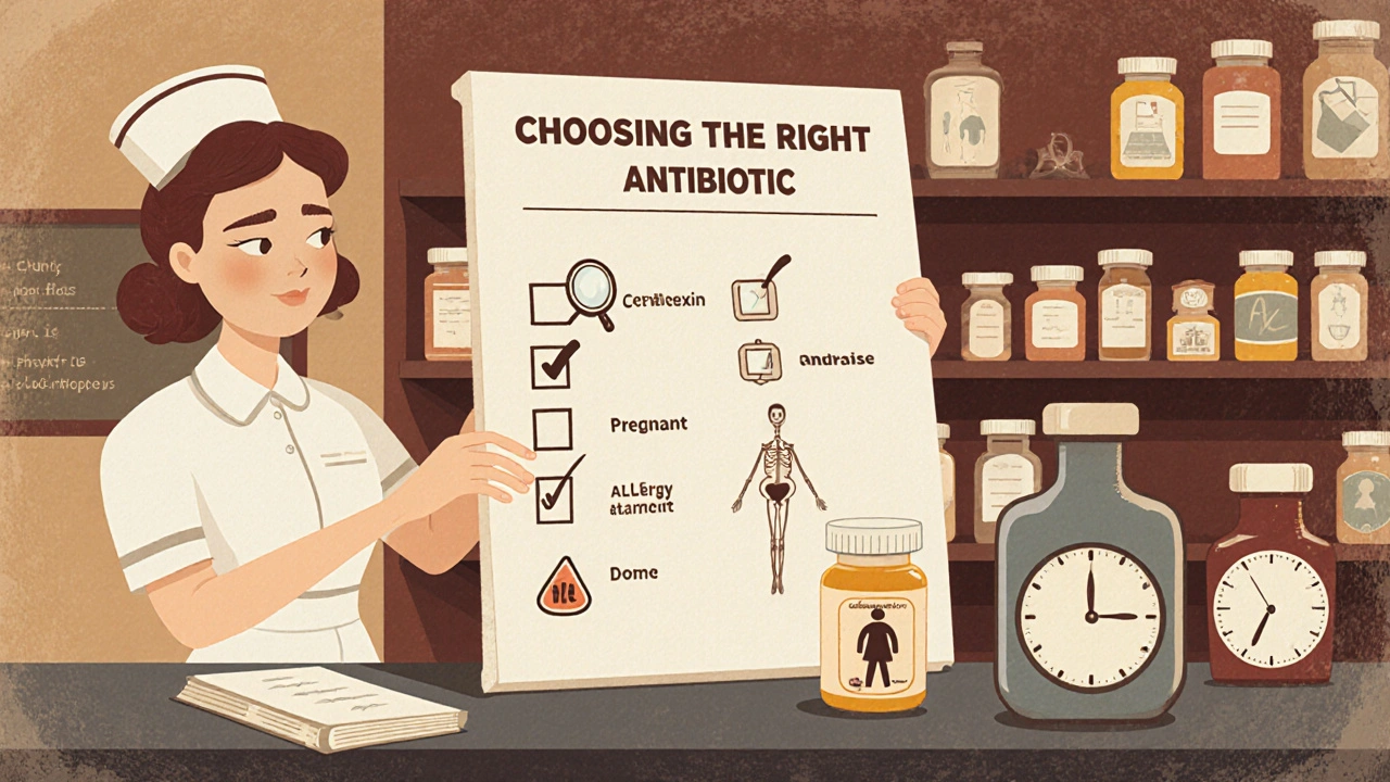 Pharmacist holding a checklist with icons for allergies, pregnancy, bone infection, and dosing.