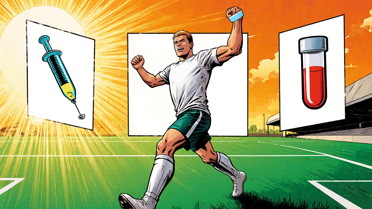 Recovered athlete returning to soccer field, wearing compression socks, with therapy phase icons in the background.