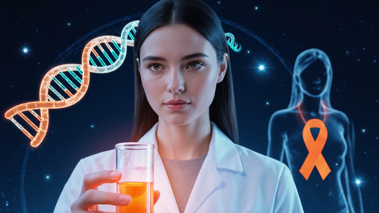 Scientist holding glowing orange test tube beside DNA helix and ribbon silhouette.