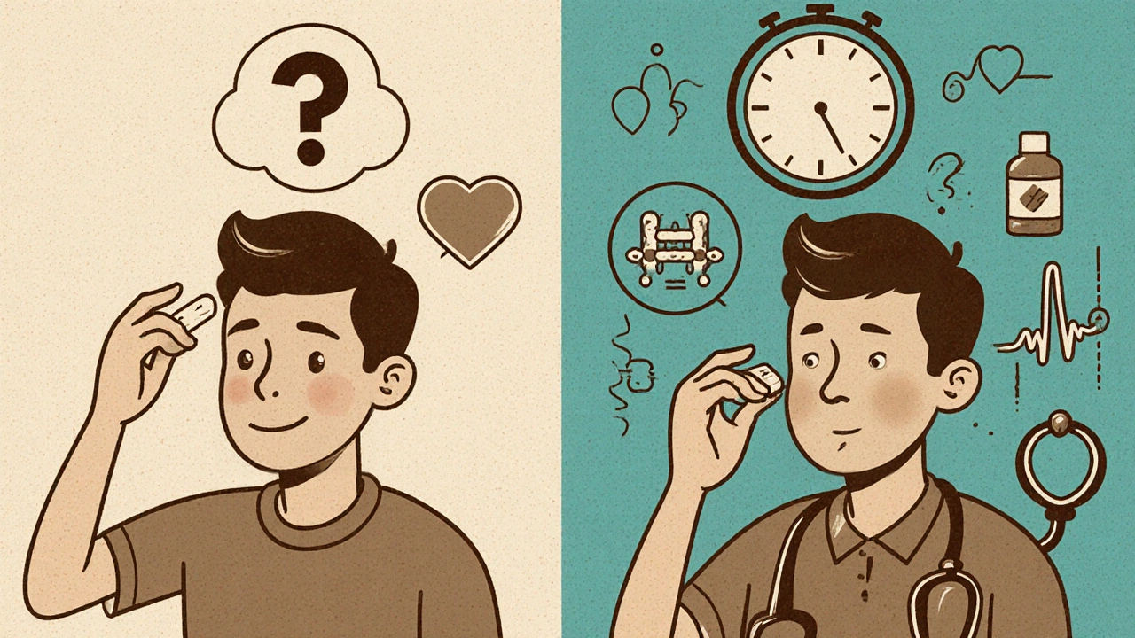 Split cartoon panel: Himcolin with flickering effect vs. Viagra with strong blood flow and long-lasting clock.