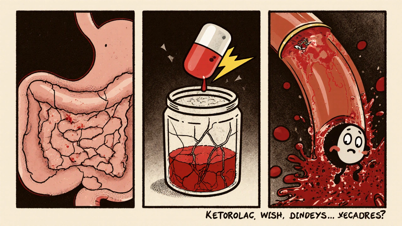 Three cartoon panels showing ulcered stomach, cracked kidney, and bleeding vessel caused by Ketorolac.