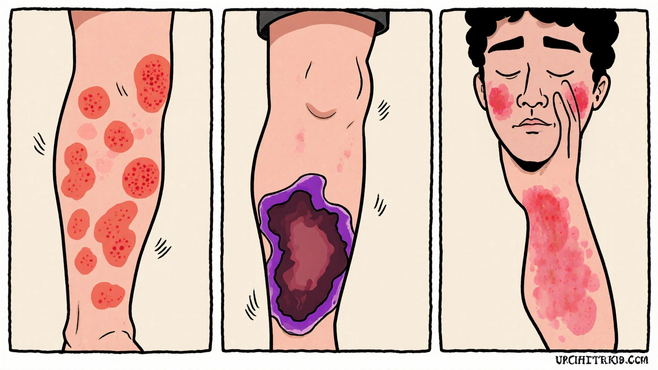Three panels: shin nodules, leg ulcer, and facial plaques representing skin conditions.