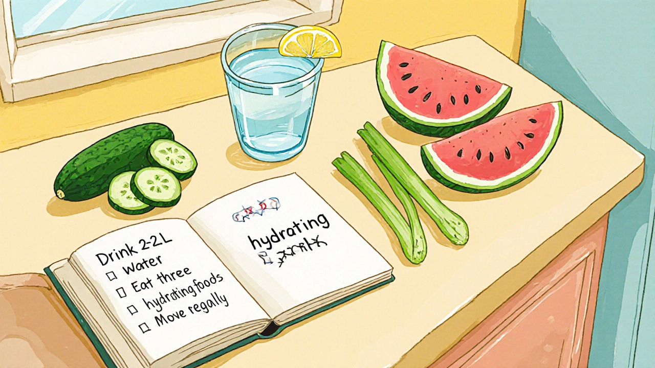 Vintage cartoon kitchen with cucumber, watermelon, celery, water glass, and a checklist.