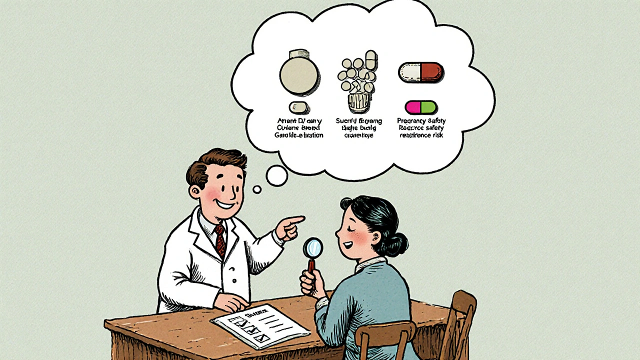 Vintage cartoon of a doctor and patient weighing antibiotic options, with thought bubbles of different pills.