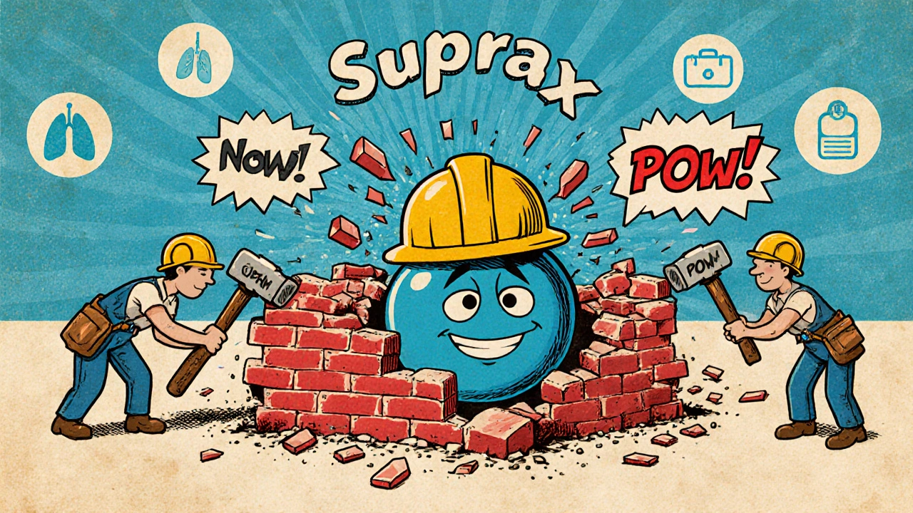 Vintage cartoon showing a construction crew stopping a bacterial cell wall, causing the cell to burst.