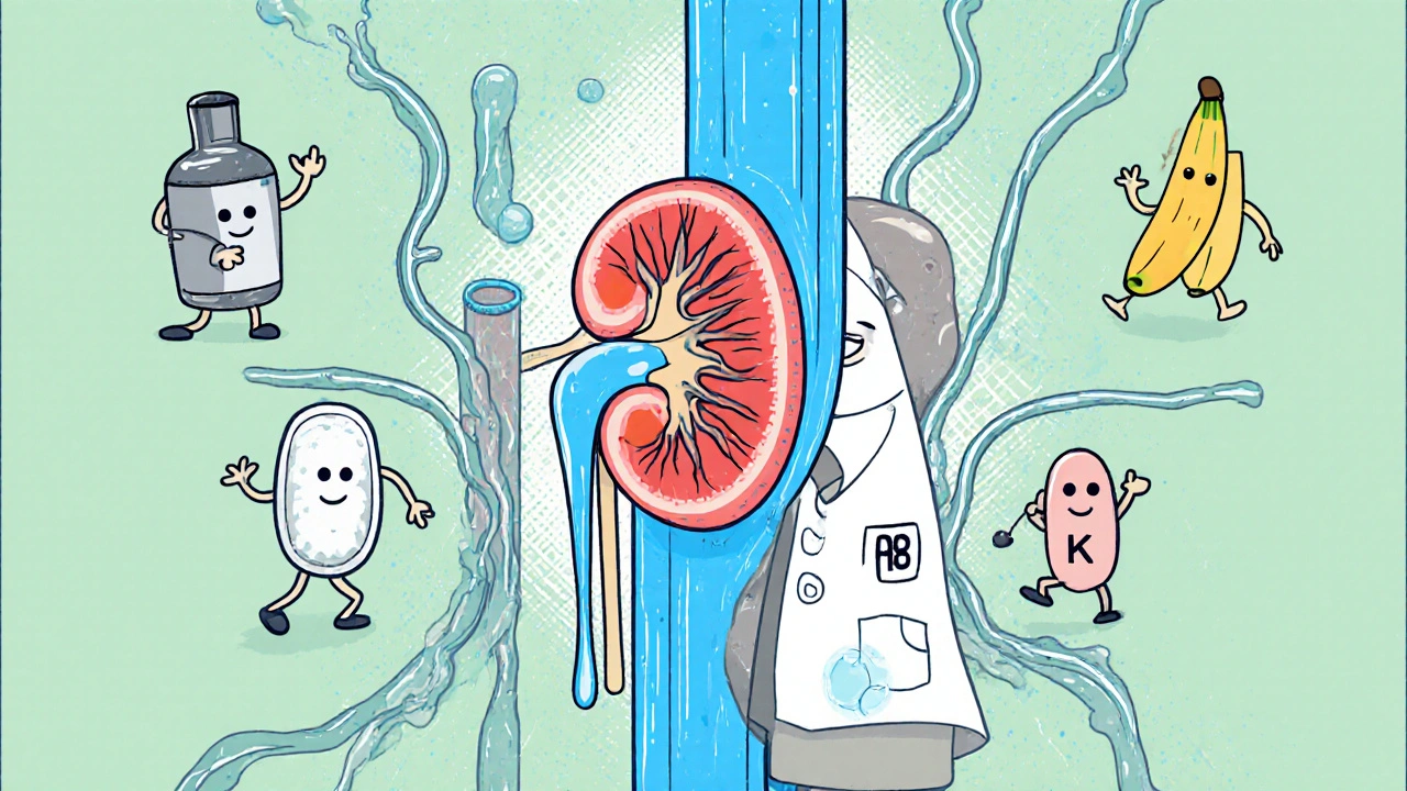 Vintage cartoon showing a smiling kidney, water flow, and electrolyte characters.