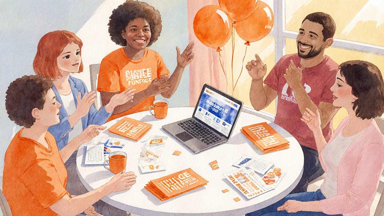 Volunteers gathered around a table planning an orange fundraiser.