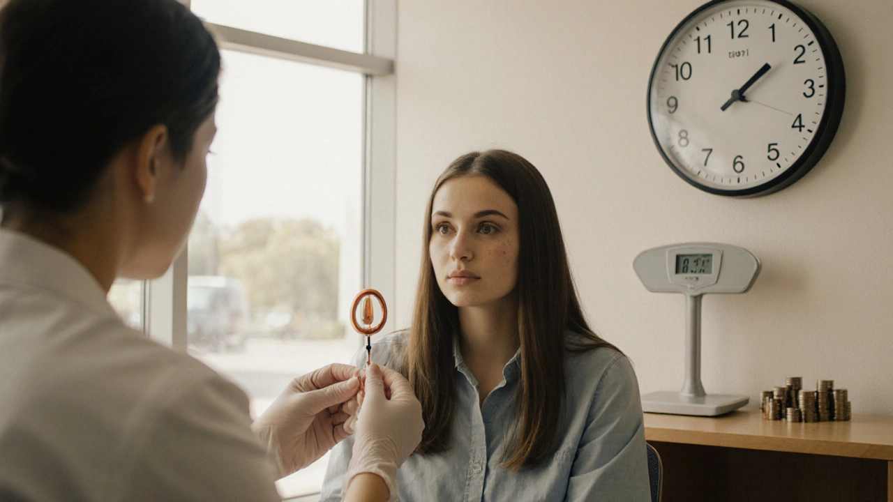 Woman consulting a clinician about a copper IUD with a clock and weight scale in the background.