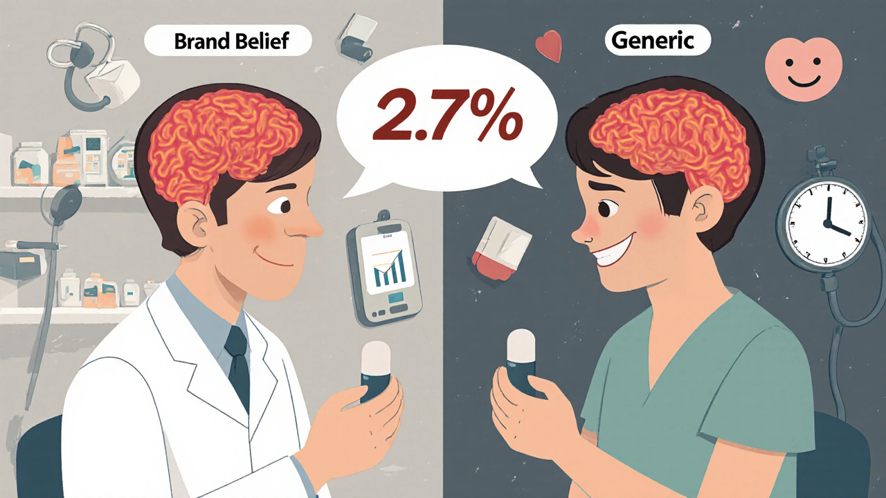 A doctor explains to a patient with a split-screen brain scan showing stronger activity for the brand pill belief.