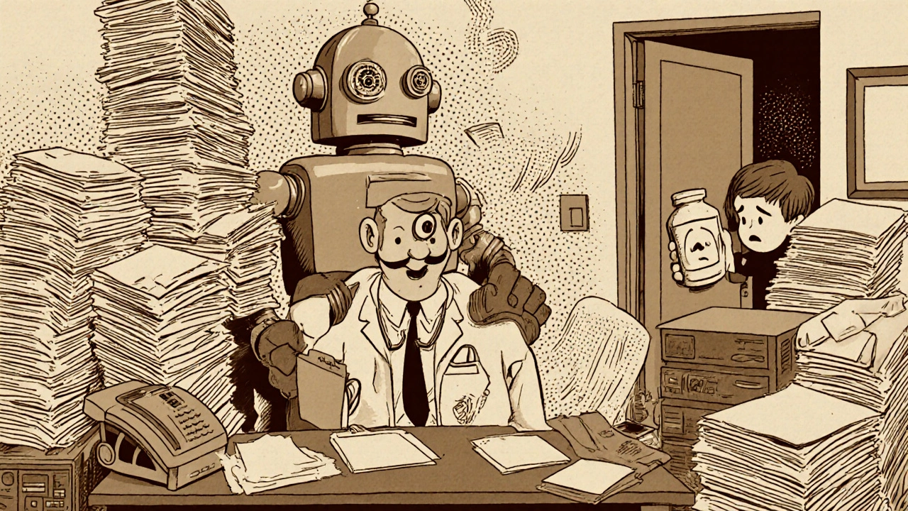 A doctor overwhelmed by paperwork as an insurance robot watches, patient peering in with pill bottle.