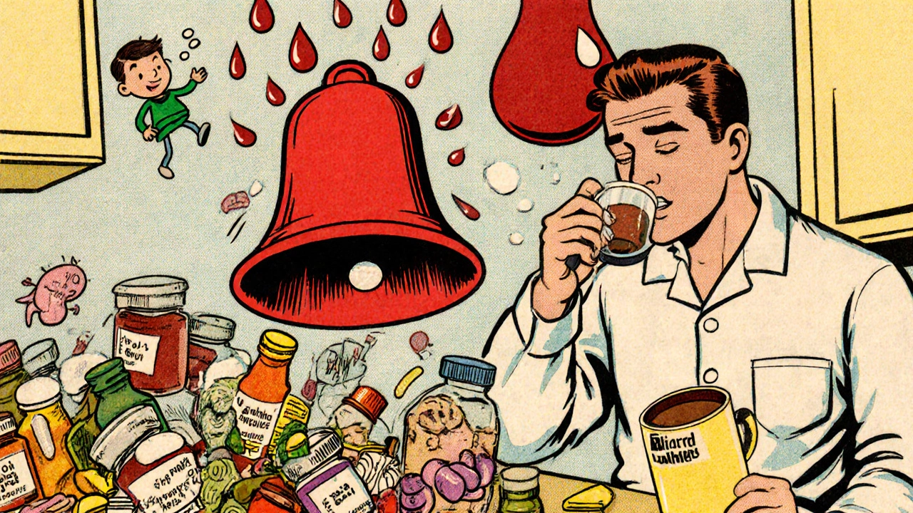 A man taking supplements at breakfast while blood droplets fall, surrounded by dangerous pill bottles.