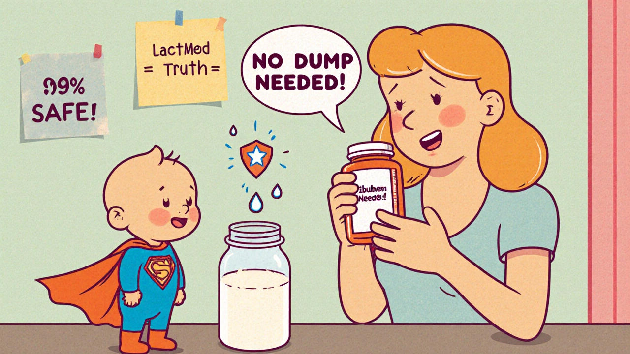 A mother breastfeeds while holding ibuprofen, with a baby superhero and milk droplets turning into shields.