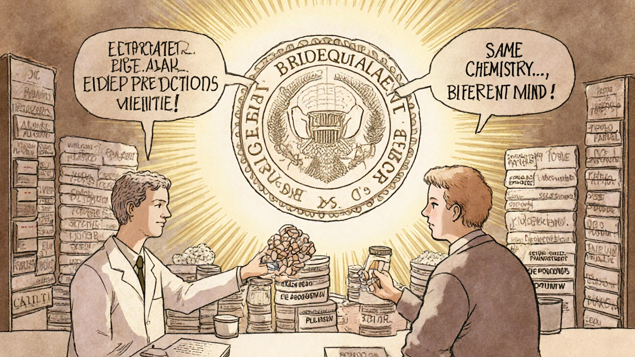 A patient sees their generic pill shrinking in their mind while an FDA seal shines behind them, symbolizing identical effectiveness.