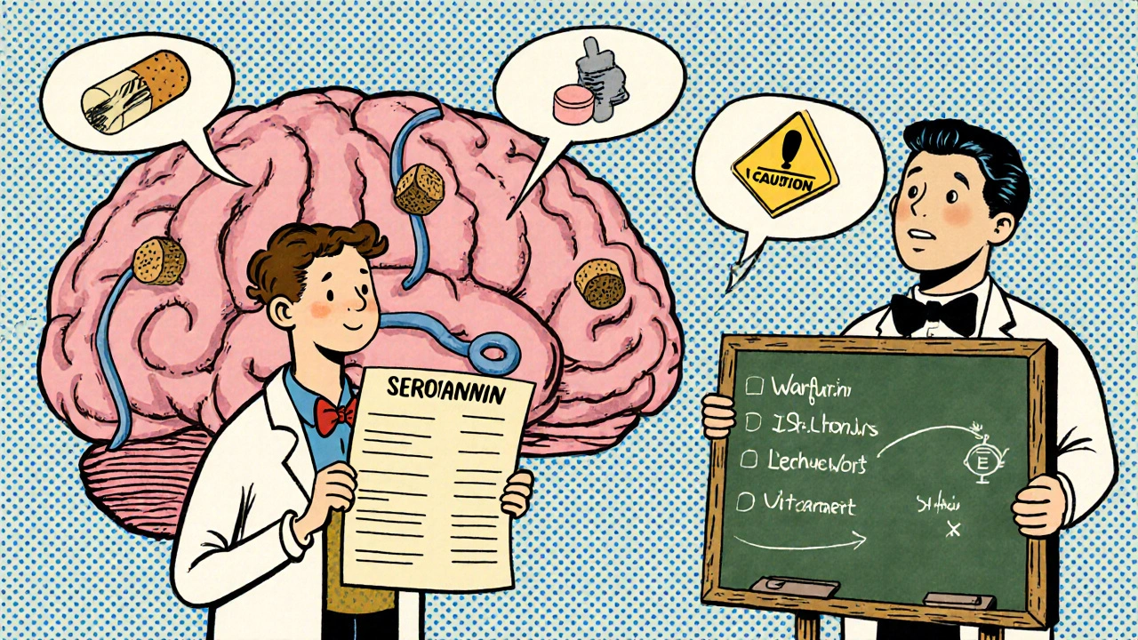 A patient with a medication list beside a brain diagram, guided by a pharmacist using a chalkboard.