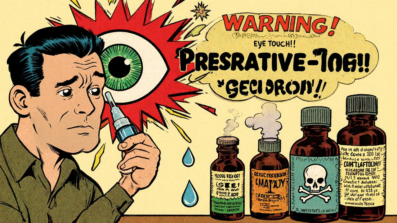 A person incorrectly applying eye drops with germs exploding, warning sign, and labeled bottles.