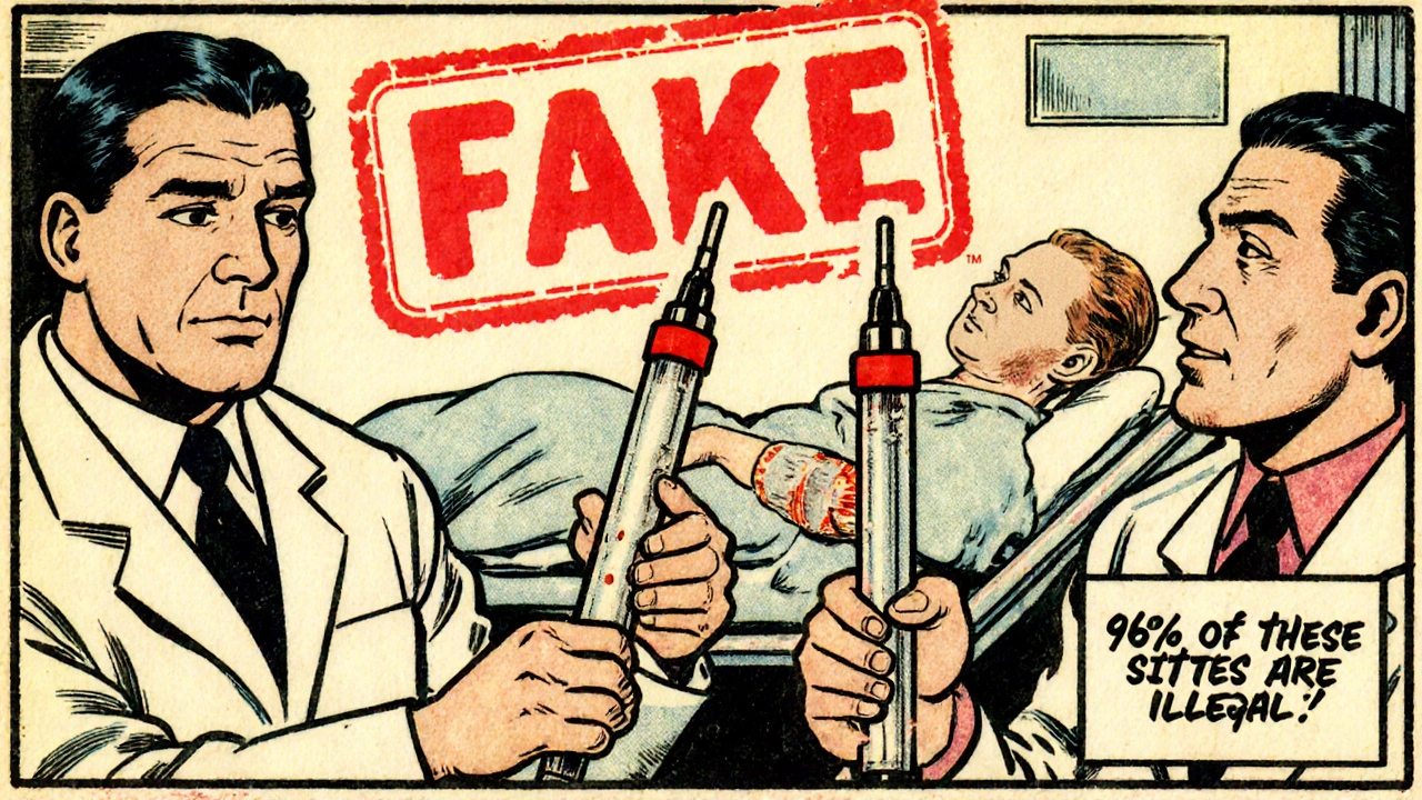 A pharmacist compares real and fake medication as a sick patient lies nearby.