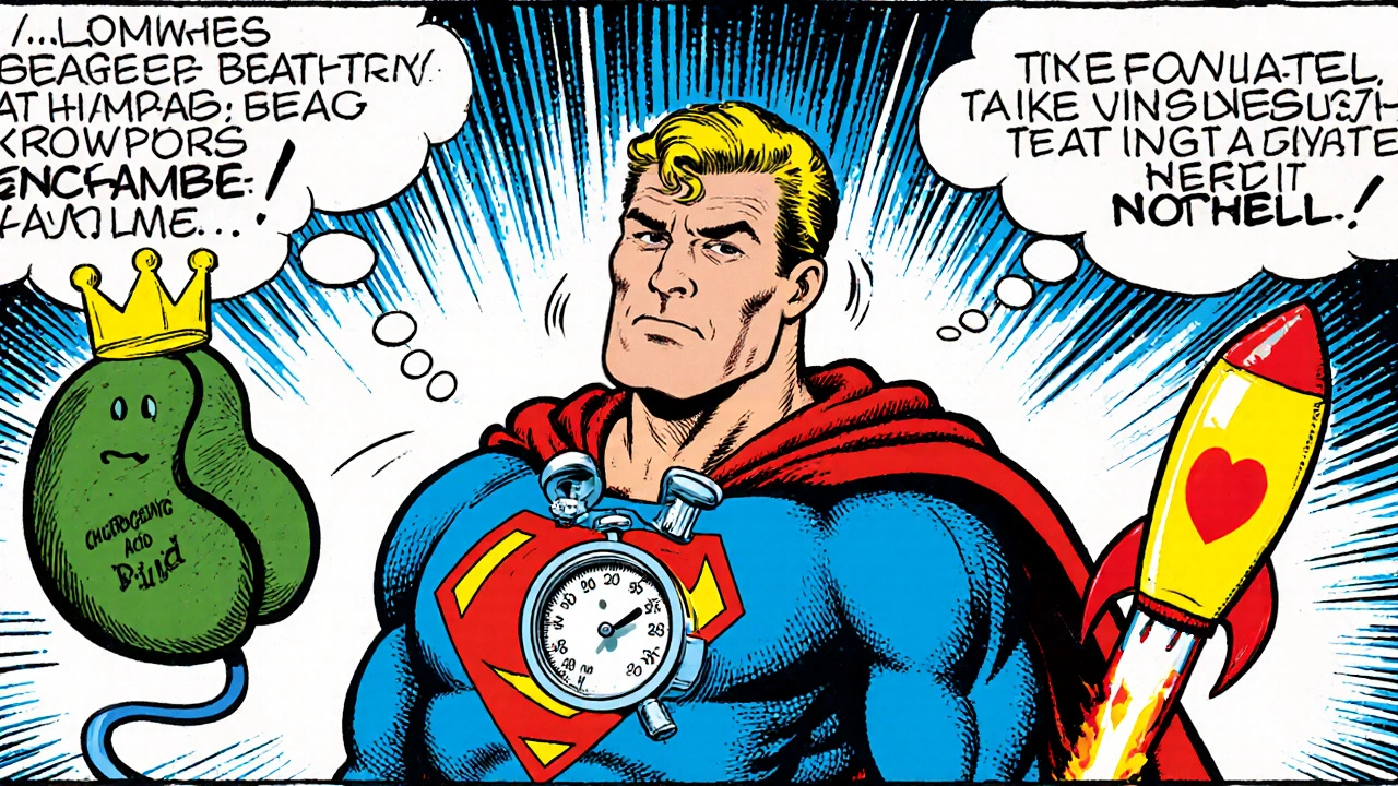 A superhero caught between a coffee bean lowering blood pressure and a pill raising it.