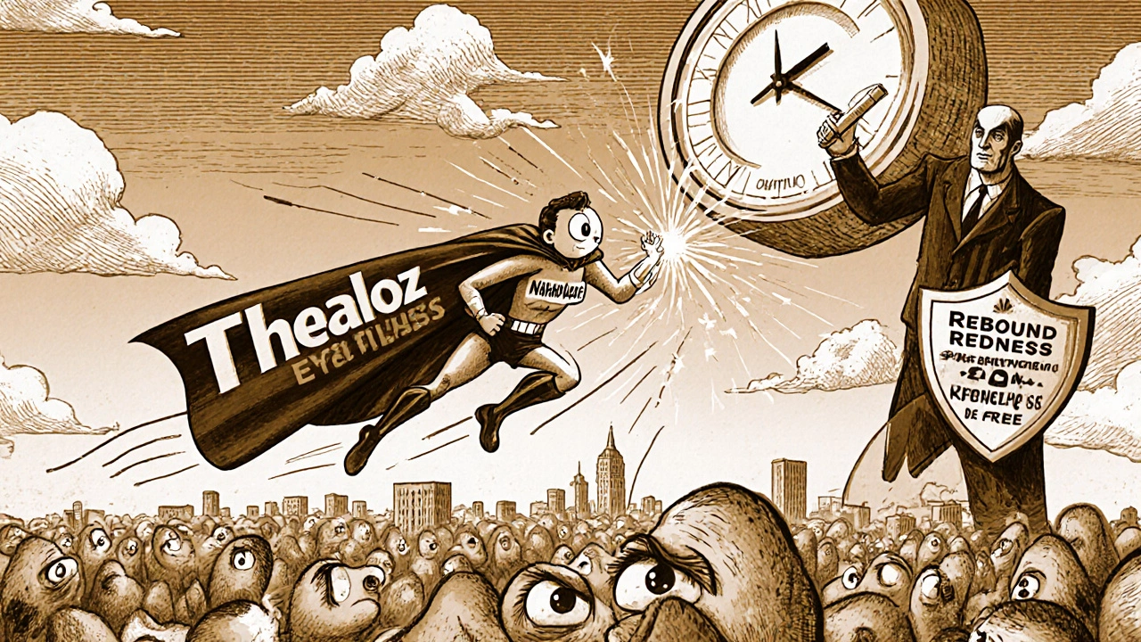 A superhero eye healing tired eyes with glowing tears, defeating a redness villain in vintage style.