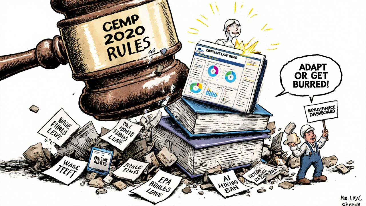 AI compliance dashboard rising as old regulations are crushed by a giant gavel.